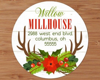 Christmas Floral Antlers  - Custom Address Labels or Stickers
