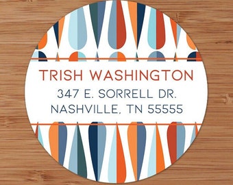 Mid Century Modern Retro Teardrops Abstract Blue. Teal, Orange  - Custom Address Labels or Stickers