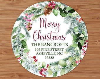 Watercolor Christmas Wreath - CUSTOM Christmas Address Labels or Stickers