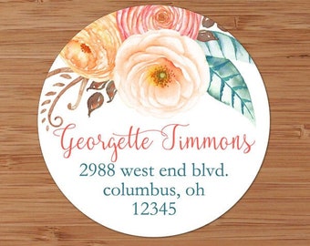 Coral and Peach Ranunculus Floral Bouquet- Custom Address Labels or Stickers