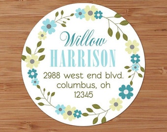 Teal & Sage Floral Wreath - Custom Address Labels or Stickers
