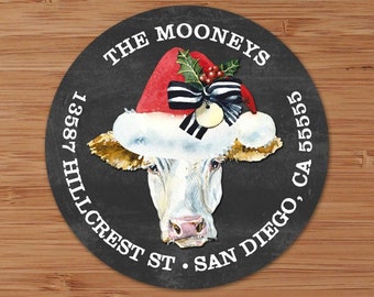 Mooey Christmas Cow With Santa Hat - CUSTOM Christmas Address Labels or Stickers