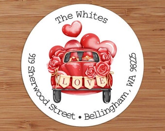 Valentine Gnomes in Red Car - CUSTOM Address Labels or Stickers