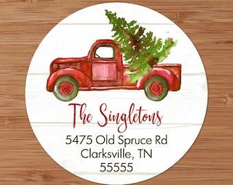 Christmas Tree in Red Truck - CUSTOM Christmas Address Labels or Stickers
