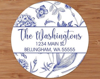 Navy Blue Floral Toile - Custom Address Labels or Stickers