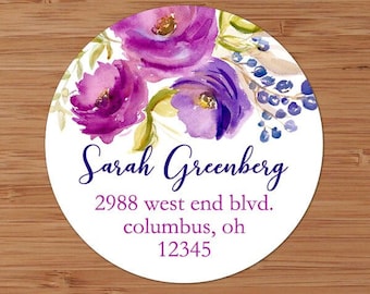 Fuchsia Purple Watercolor Flowers - Custom Address Labels or Stickers