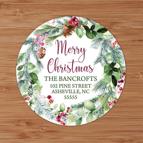 Watercolor Christmas Wreath - CUSTOM Christmas Address Labels or Stickers