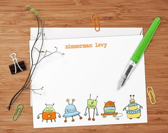 Robots - Set of 8 CUSTOM Personalized Flat Note Cards/ Stationery