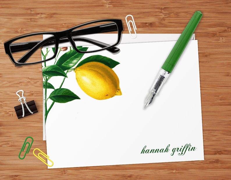 Set of 8 CUSTOM Personalized Flat Note Cards Stationery Summer Lemon