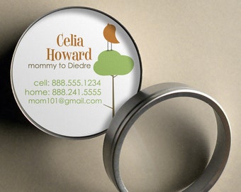 Celia {Mod Bird on Tree} - 50 CUSTOM Round Calling Cards/ Business Cards/ Tags in Tin