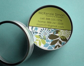 McKenzie (Mod Floral) 50 CUSTOM Round Calling Cards/ Business Cards/ Tags in Tin