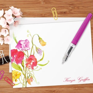 Sweet Pea Flowers Set of 8 CUSTOM Personalized Flat Note Cards/ Stationery image 1