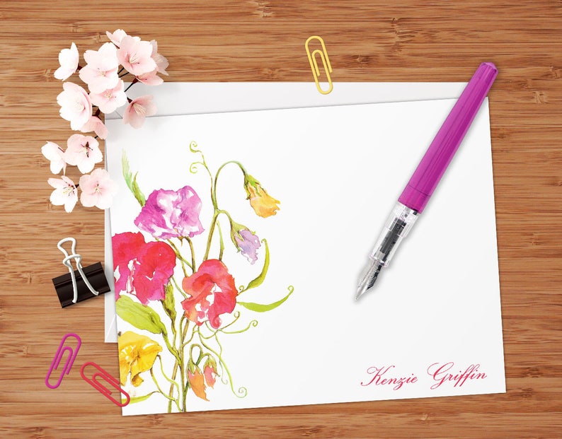 Sweet Pea Flowers Set of 8 CUSTOM Personalized Flat Note Cards/ Stationery image 1