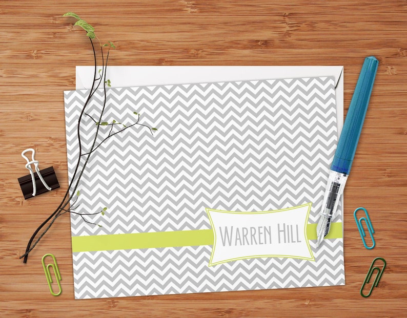 Retro Chevron Set of 8 CUSTOM Personalized Flat Note Cards/ Stationery image 1