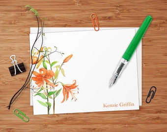 Tiger Lilies - Set of 8 CUSTOM Personalized Flat Note Cards/ Stationery