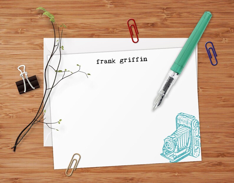 Vintage Camera Set of 8 CUSTOM Personalized Flat Note Cards Stationery