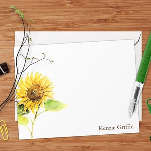 Golden Sunflower - Set of 8 CUSTOM Personalized Flat Note Cards/ Stationery