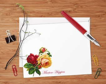 Victorian Rose - Set of 8 CUSTOM Personalized Flat Note Cards/ Stationery