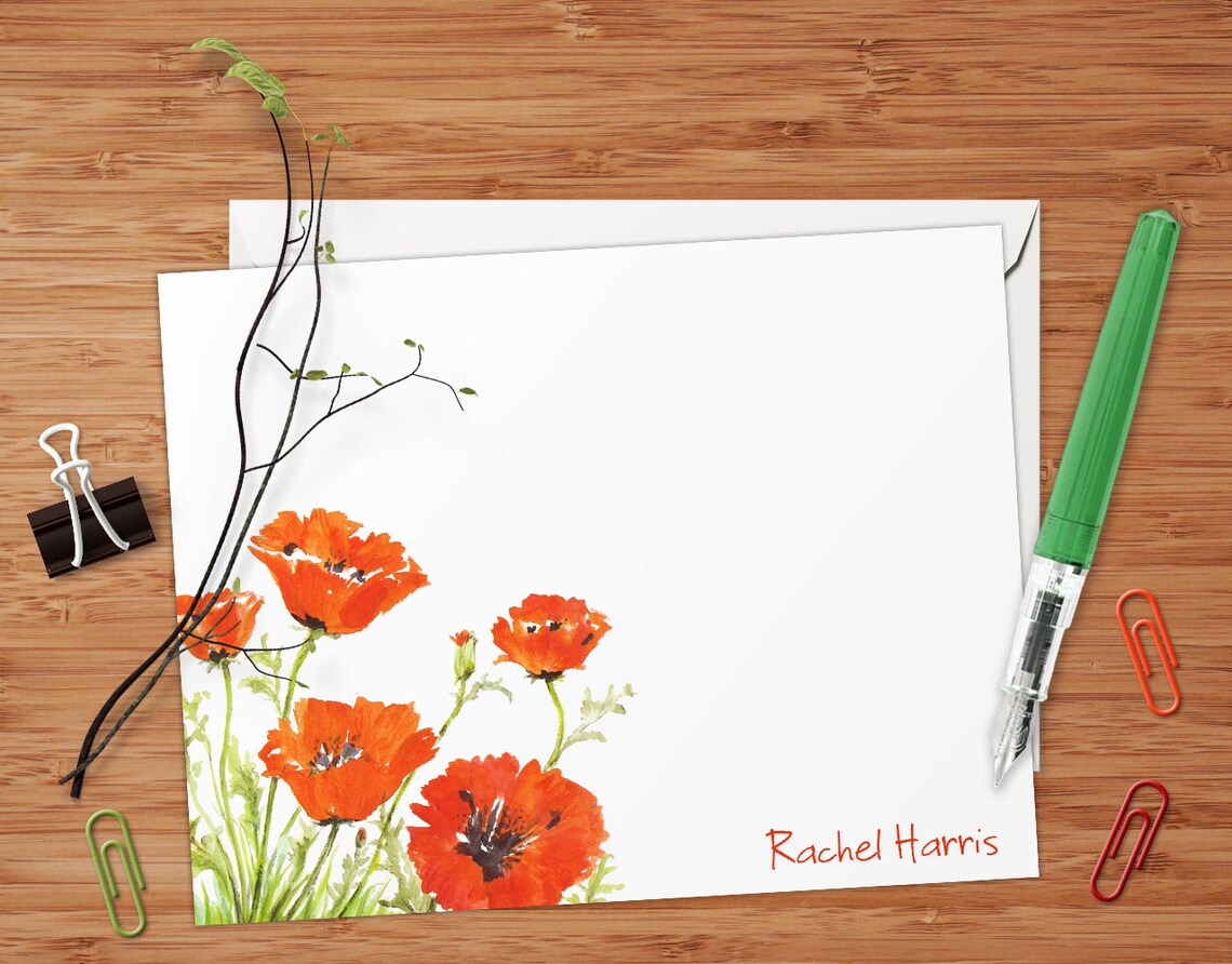 Red Poppies - Set of 8 CUSTOM Personalized Flat Note Cards/ Stationery ...
