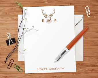 Stag Deer Head - Set of 8 CUSTOM Personalized Flat Note Cards/ Stationery