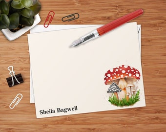 Mushrooms  - Set of 8 CUSTOM Personalized Flat Note Cards/ Stationery