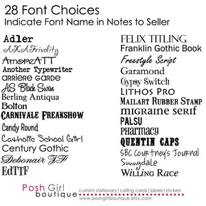 May include: A list of 28 different font choices for custom stationary, calling cards, labels, and stickers. The fonts are listed in alphabetical order. The text "Posh Girl Boutique" and the website address "www.poshgirlboutique.etsy.com" are at the bottom of the image.