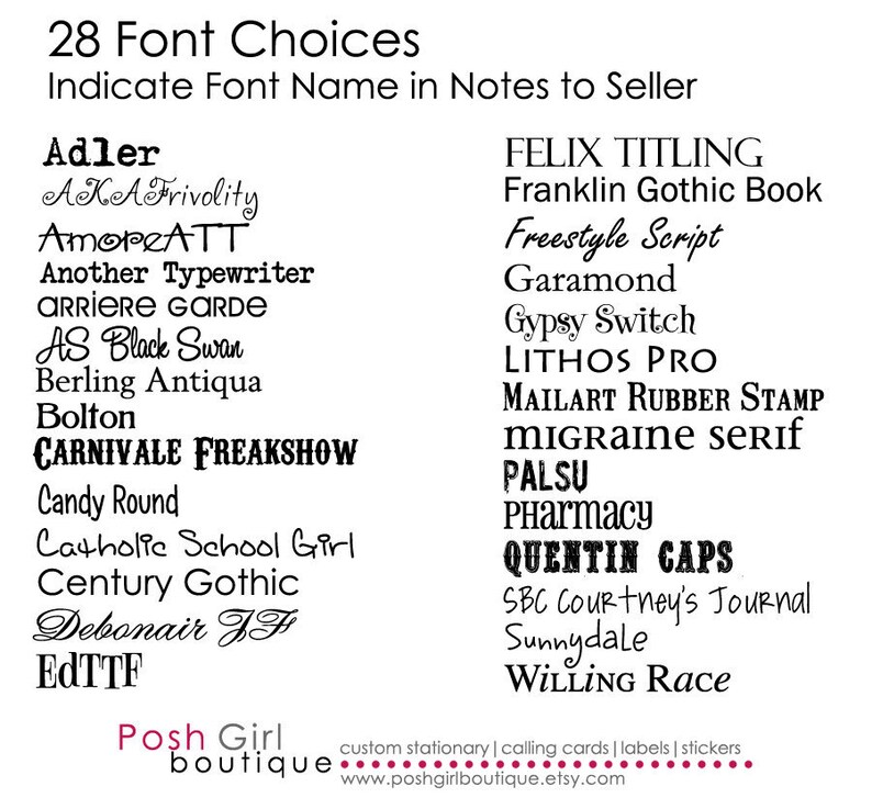 May include: A list of 28 different font choices for custom stationary, calling cards, labels, and stickers. The fonts are listed in alphabetical order. The text "Posh Girl Boutique" and the website address "www.poshgirlboutique.etsy.com" are at the bottom of the image.