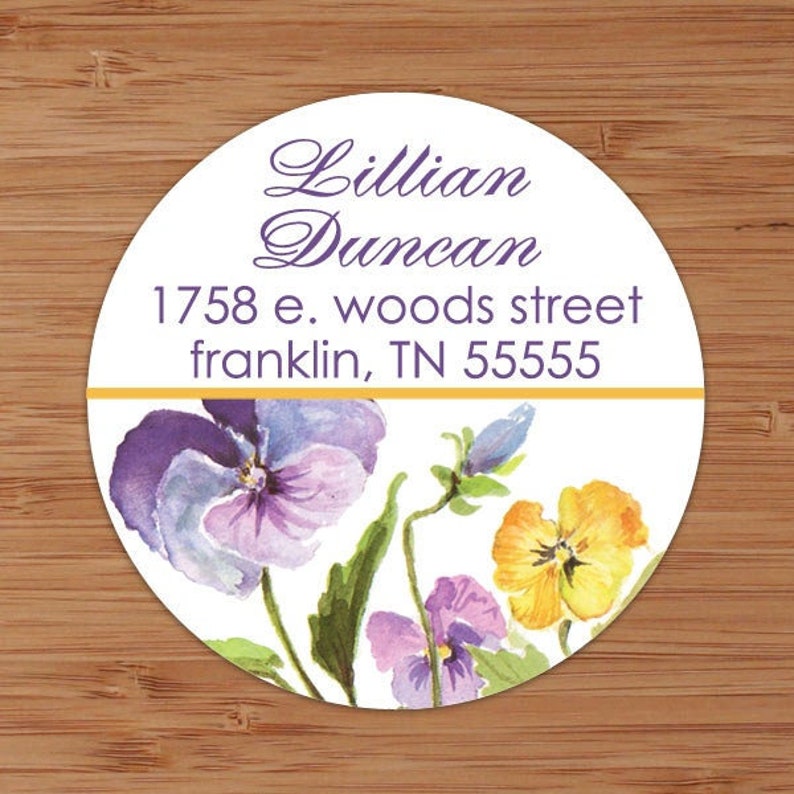 Purple and Gold Pansies Custom Address Labels or Stickers image 1