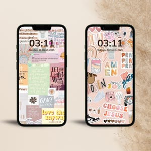 May include: Two phone screen mockups with pink backgrounds and colorful stickers. The stickers feature inspirational quotes, religious phrases, and cute illustrations. The time on both phones is 03:11. The date on the left phone is Monday, 18 March 2025. The date on the right phone is Monday, 18 March 2025.