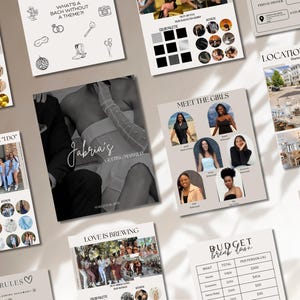 Pode incluir: Uma coleção de materiais de planejamento de casamento, incluindo uma foto central em preto e branco com o texto "Jabria's Getting Married". Ao redor, várias folhas informativas com fotos, paletas de cores e texto como "Meet the Girls" e "Budget Breakdown".