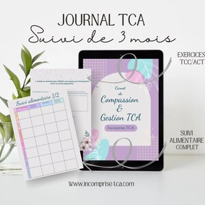 Peut inclure: Un journal numérique pour gérer et suivre les pensées et les sentiments liés aux troubles alimentaires. La couverture du journal présente un design abstrait rose, bleu et blanc avec le texte "Carnet de Compassion & Gestion TCA" et "Incomprise.TCA".