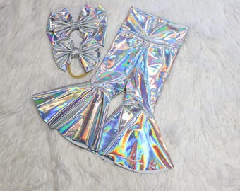 Holographic Iridescent Bell Bottoms, Metallic Silver Bow for Baby girls, Reflective Birthday Shirt, Holo Biker Shorts,