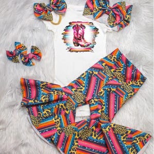 Cheetah Print Serape Bells bottoms, Cowgirl Boots Shirt, Western Mexican Toddlers Fiesta Baby Bells, serape bow or head wrap