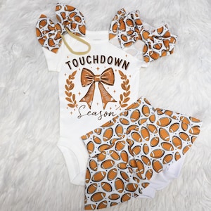 Football Skirted Bummy, Football bell bottoms, Football bow set, Sports themed first birthday, Touchdown First Birthday outfit