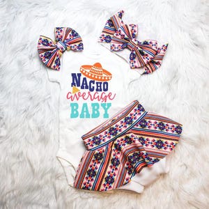Nacho Average Baby Serape Bummies, Aztec Print diaper cover, Colorful Baby Bow, First Birthday