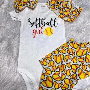 Softball Sister Baby Shirt, Softball Skirted Bummy, Yellow sports themed Bows, Girls softball skirted Bummies, Toddler softball skirt