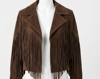 Handmade Brown Suede Fringe Leather Jacket | Western Cowgirl Boho Style | Vintage Rodeo Festival Coat