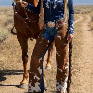 May include: Cowhide chaps with a brown and white spotted pattern, paired with denim jeans. The chaps feature a fringe along the outer seam. A navy blue shirt with white embroidery and a decorative belt buckle complete the look.