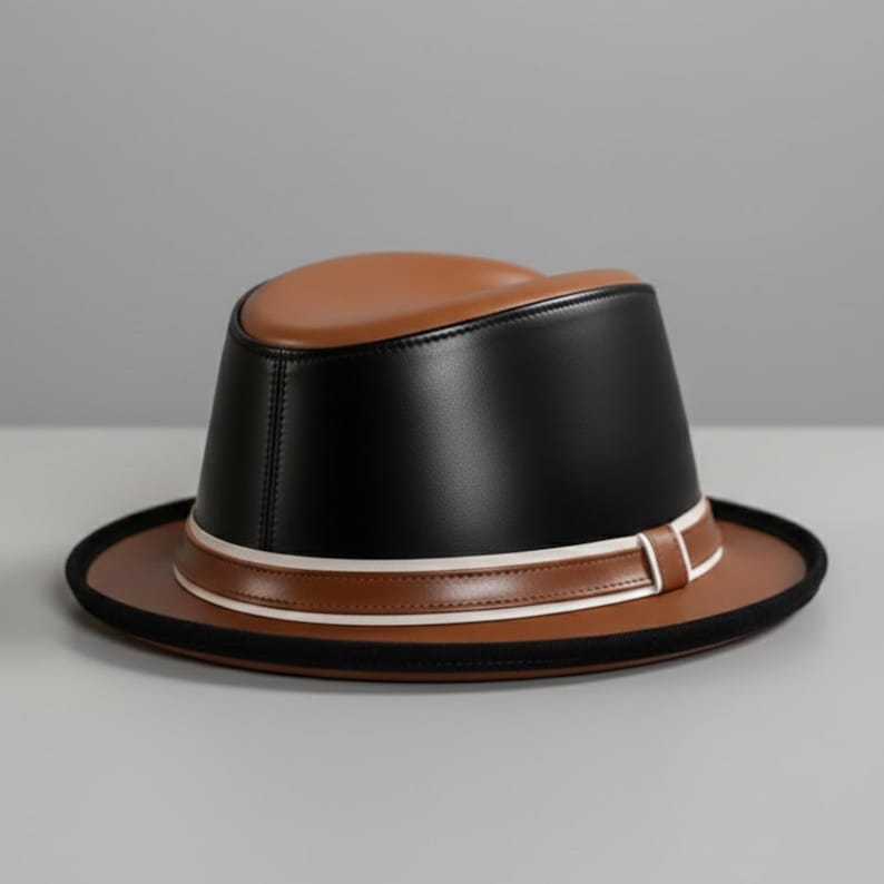 Classic leather fedora hat black color with brown band, stylish urban fashion accessory, worn with coat and turtleneck outfit, refined gentleman aesthetic, timeless modern headwear design
