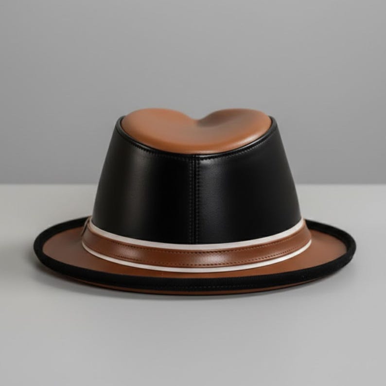 Black leather fedora hat with contrast band, urban street fashion accessory, worn with smart casual outfit, classic gentleman style, modern elegant look, perfect for everyday wear styling