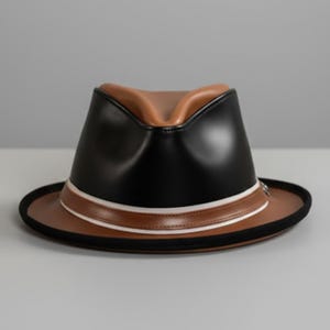 Black leather fedora hat for men, brown band detail, elegant urban fashion accessory, worn with smart coat outfit, classic gentleman style, perfect for modern streetwear refined styling