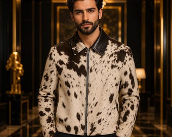 Handmade Cowhide Leather Jacket  Real Hair On Hide Spotted Western Zip Up Coat