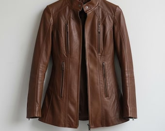 Leather Tan Brown Women Jacket – Slim Fit Long Coat Style with Zipper Pockets