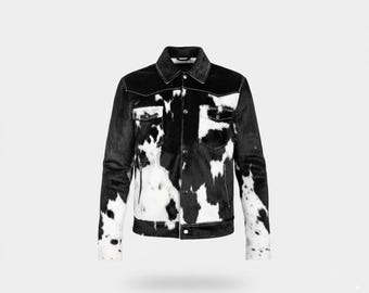 Handmade Cowhide Leather Jacket – Black and White Hair-On Hide Western Style