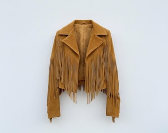 Handmade Tan Suede Fringe Leather Jacket | Western Cowgirl Boho Rodeo Coat | Vintage Festival Outfit
