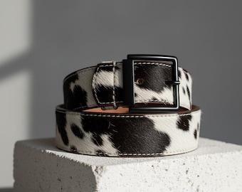 Handmade Cowhide Leather Belt | Hair-on Hide, Black Buckle  display picture 2