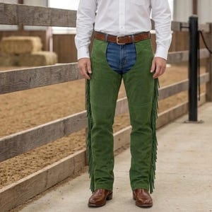 May include: Green suede chaps with fringe detailing. The chaps are worn over blue jeans and a brown leather belt. The person is wearing a white button-down shirt and brown leather boots. The chaps are a western wear item.