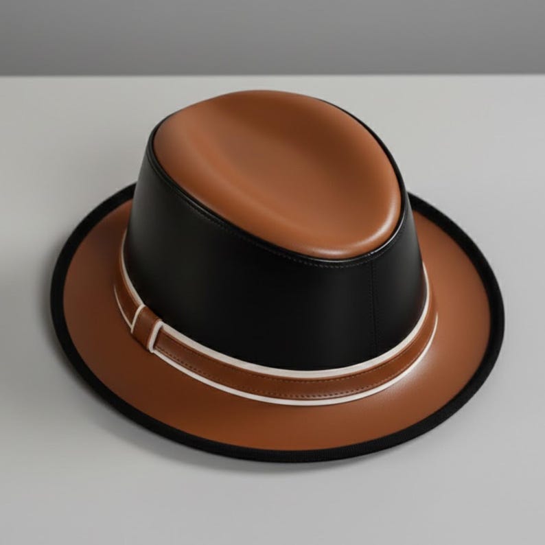 Stylish black leather fedora with brown trim, worn by man in city street, elegant outfit pairing, modern classic fashion accessory, sophisticated gentleman look, timeless statement headwear