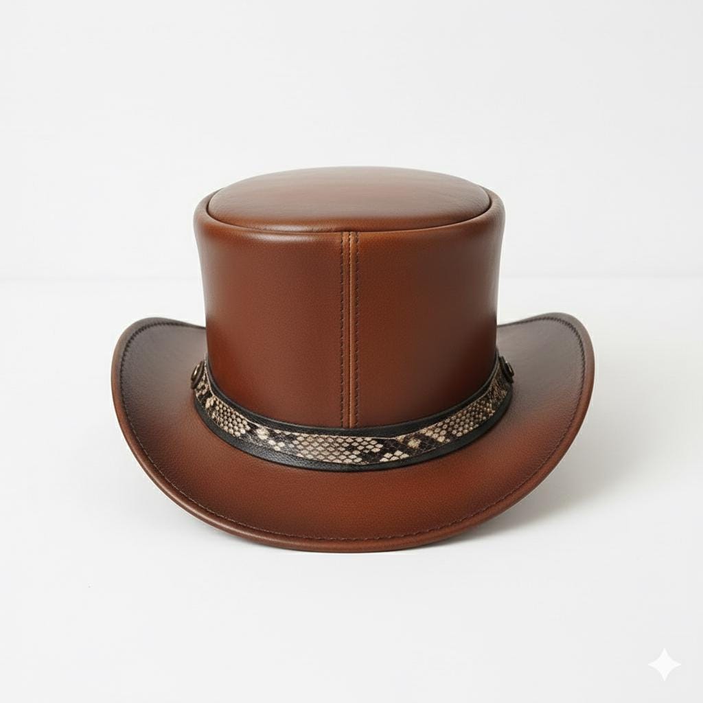 Brown Leather Top Hat With Brass Rivets Textured Band Western Steampunk ...