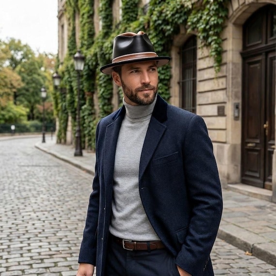 Fedora Hat Handmade Leather Hat Unique Black Brown Headwear for Men Jazz Style Gift